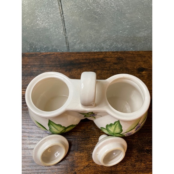 Designpac Inc Ceramic Double Jam Condiment Pot Hand Painted Floral Purple Green - Picture 4 of 5